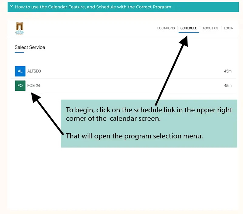 Step 1 Diagram, indicating the Schedule link in the top right of the screen, which opens the program selection menu.