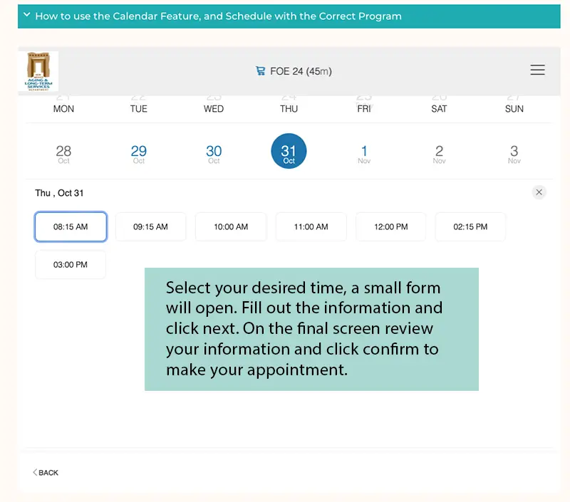 Step 4 diagram: Shows a selected date on the calendar and available times.