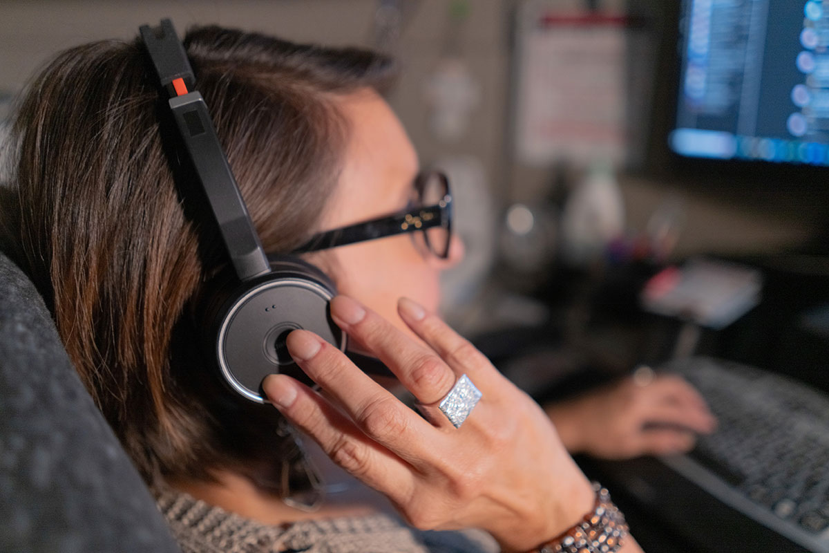woman with headset in call center.